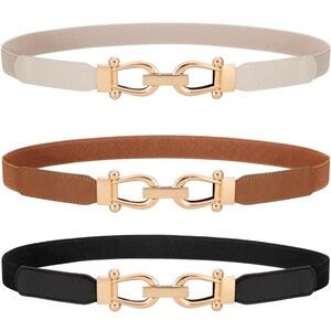 3 Pack Women Skinny Elastic Belt Gold Buckle Stretchy Thin Jeans Dress 26” - 31”
